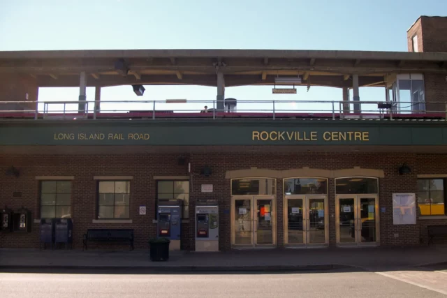 Main entrance of the Long Island Rail Road station in Long Island Centre, New York.