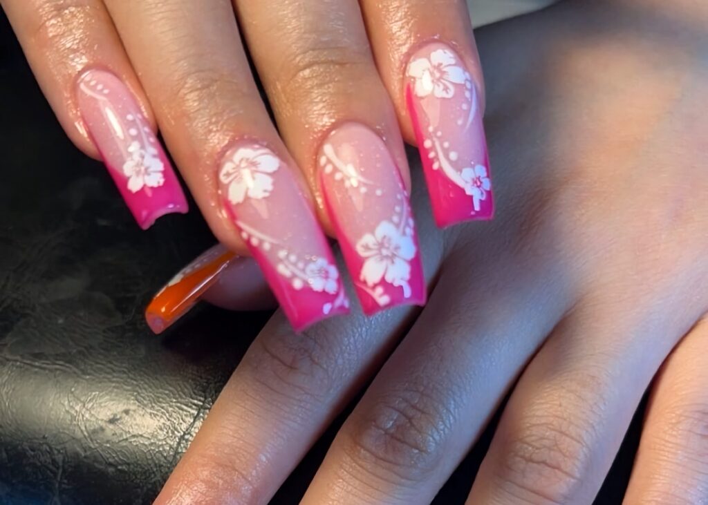 Pink nails white flowers