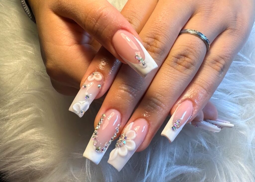 pink white nails 3d flowers