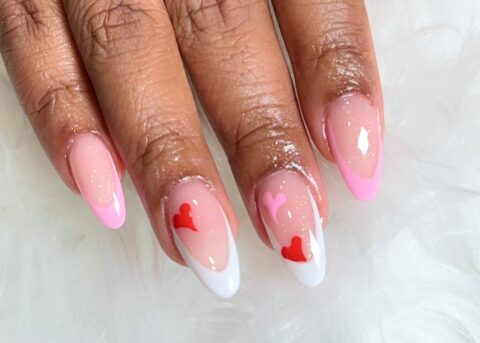 pink white nails hearts