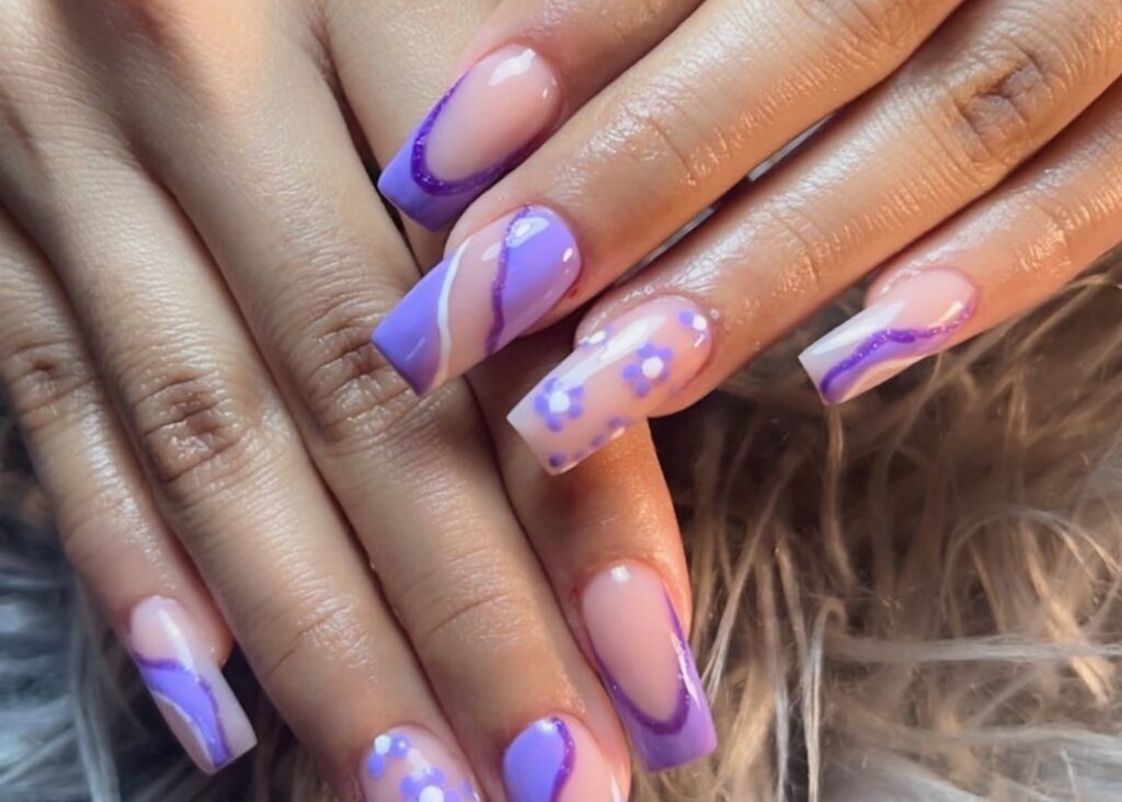 purple stripes flowers nails