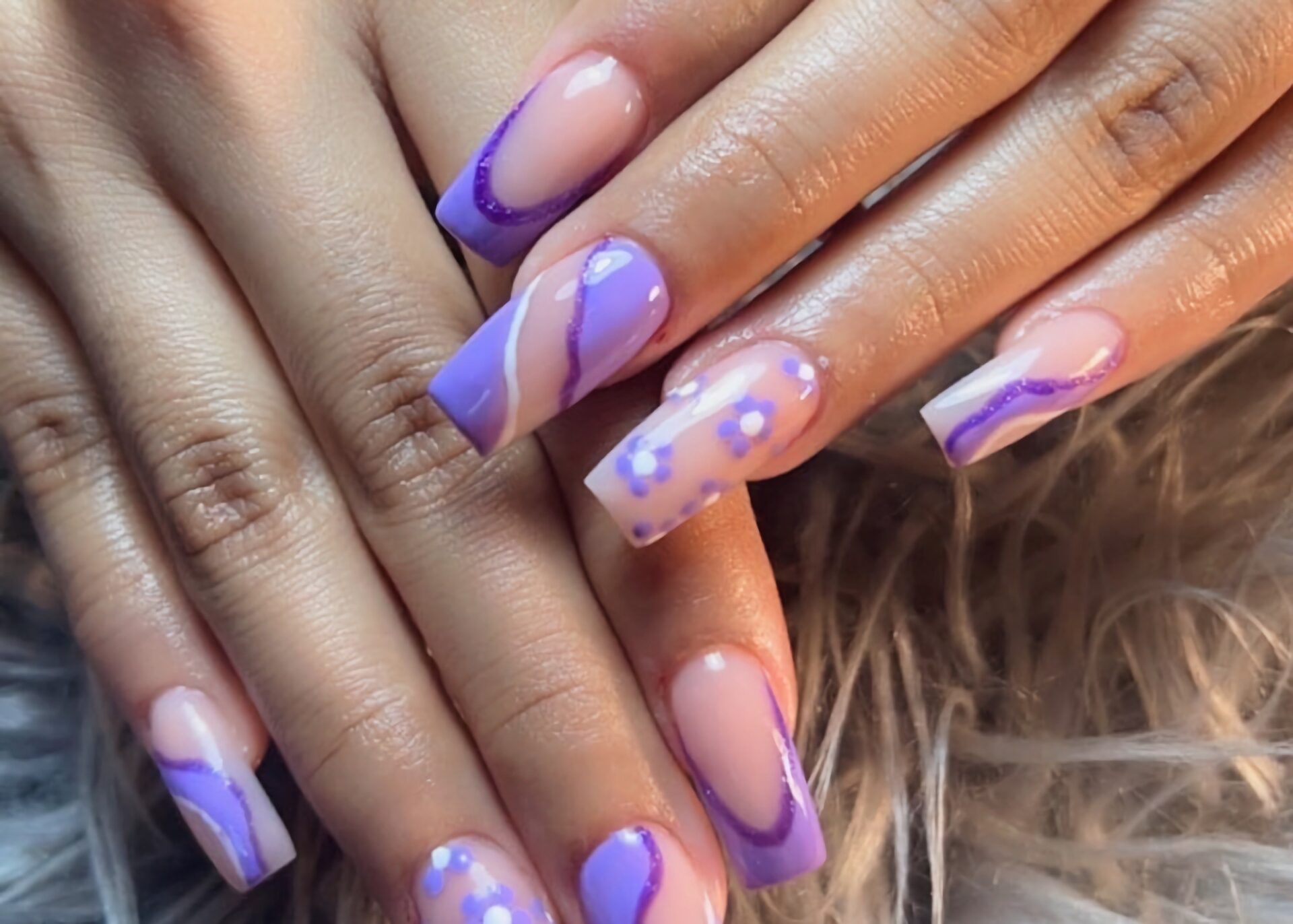 purple stripes flowers nails